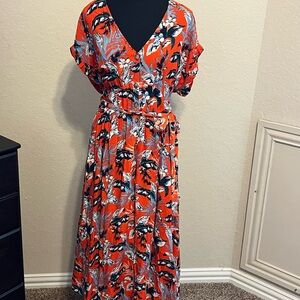 LOFT Orange and Blue Maxi Sundress Casual V-Neck